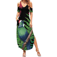 New Zealand Tui Bird Christmas Family Matching Summer Maxi Dress and Hawaiian Shirt Maori Fern Mix Pohotukawa LT14 Mom's Dress Black - Polynesian Pride