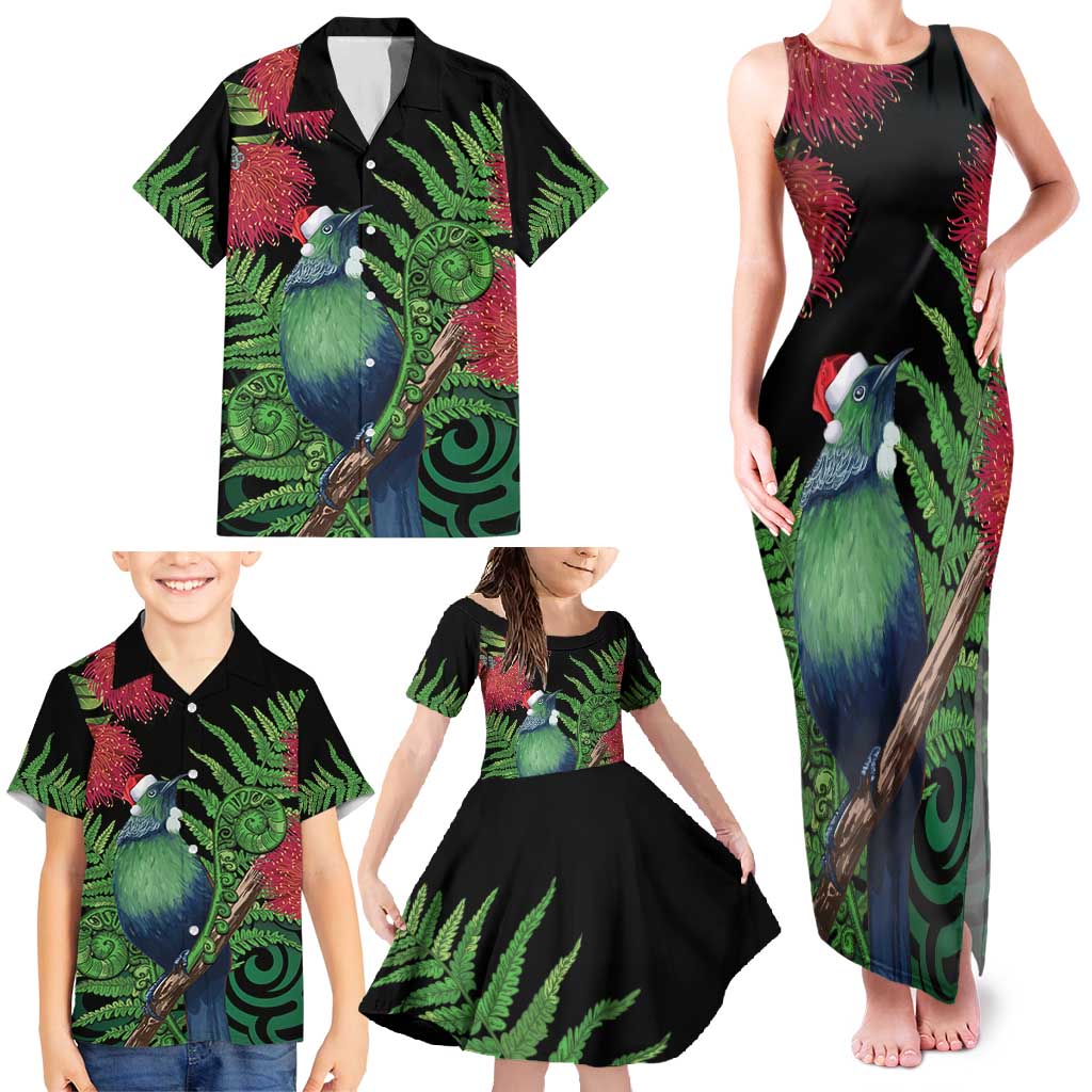 New Zealand Tui Bird Christmas Family Matching Tank Maxi Dress and Hawaiian Shirt Maori Fern Mix Pohotukawa LT14 - Polynesian Pride