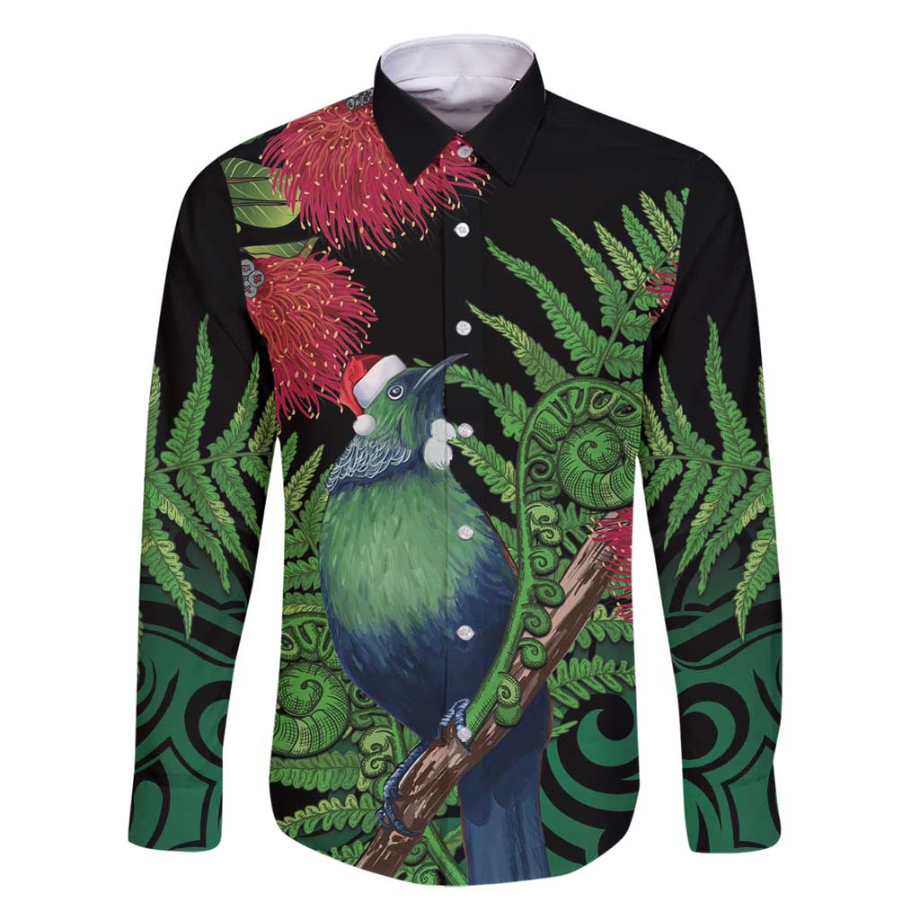 New Zealand Tui Bird Christmas Family Matching Tank Maxi Dress and Hawaiian Shirt Maori Fern Mix Pohotukawa LT14 Dad's Shirt - Long Sleeve Black - Polynesian Pride