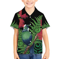 New Zealand Tui Bird Christmas Family Matching Tank Maxi Dress and Hawaiian Shirt Maori Fern Mix Pohotukawa LT14 Son's Shirt Black - Polynesian Pride