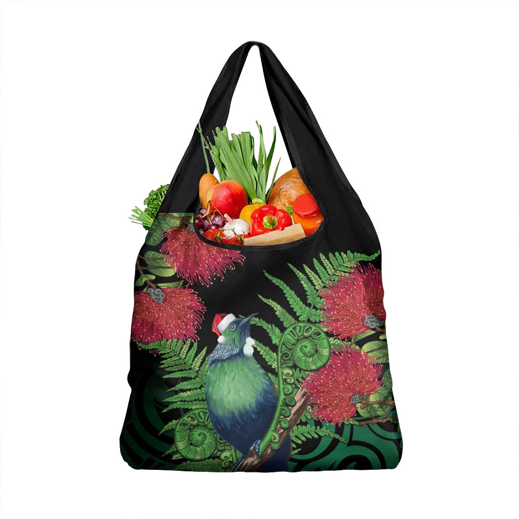 New Zealand Tui Bird Christmas Grocery Bag Maori Fern Mix Pohotukawa LT14 1-pack One Size Black - Polynesian Pride
