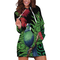 New Zealand Tui Bird Christmas Hoodie Dress Maori Fern Mix Pohotukawa LT14 Black - Polynesian Pride
