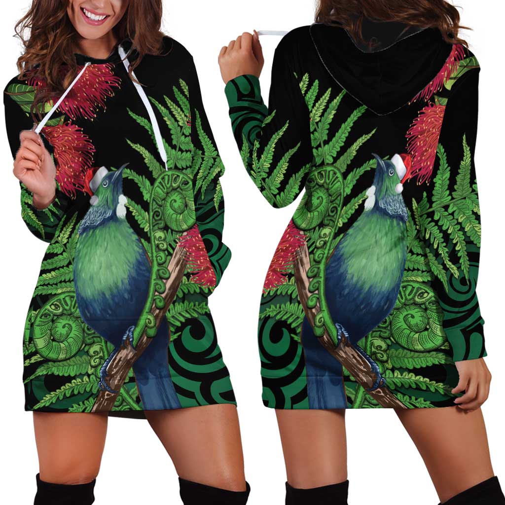 New Zealand Tui Bird Christmas Hoodie Dress Maori Fern Mix Pohotukawa LT14 - Polynesian Pride