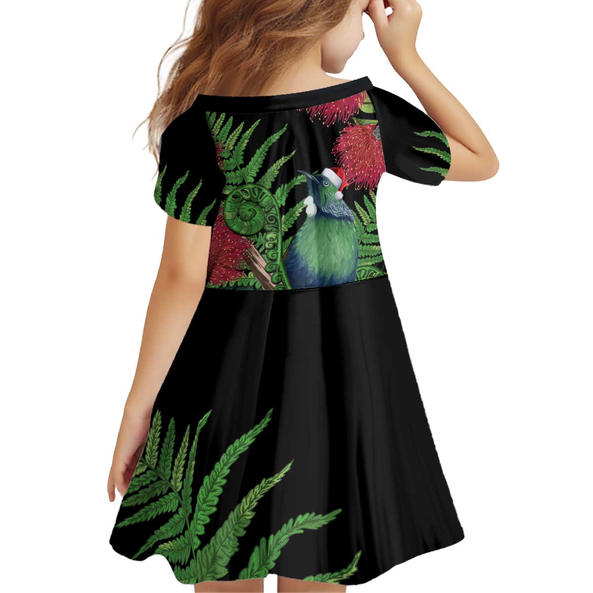 New Zealand Tui Bird Christmas Kid Short Sleeve Dress Maori Fern Mix Pohotukawa LT14 - Polynesian Pride