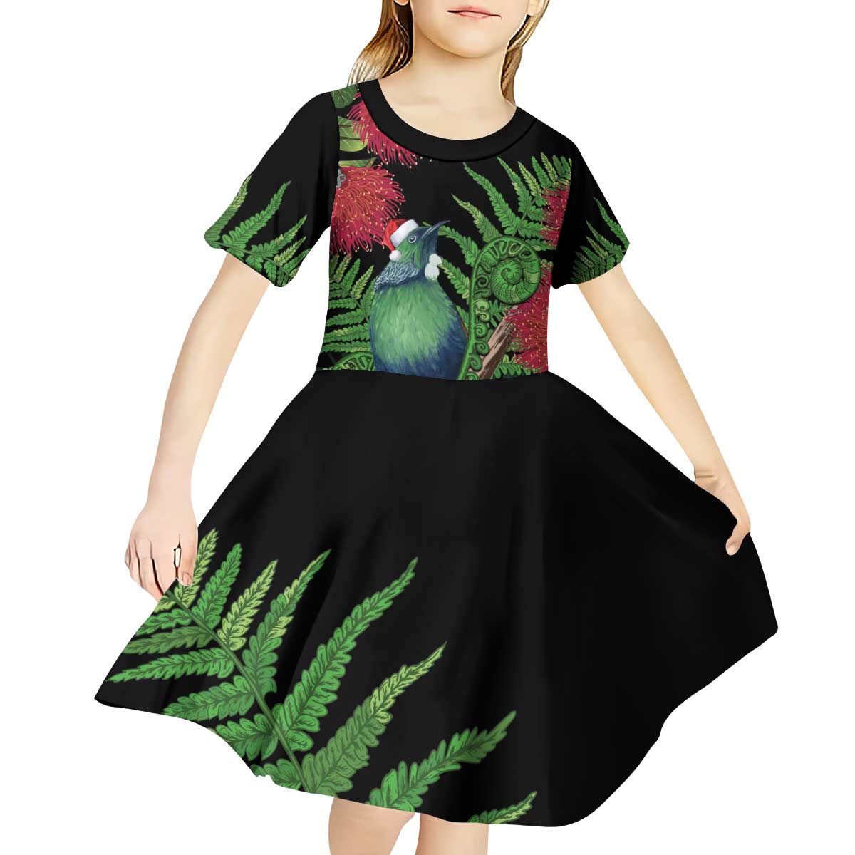 New Zealand Tui Bird Christmas Kid Short Sleeve Dress Maori Fern Mix Pohotukawa LT14 - Polynesian Pride