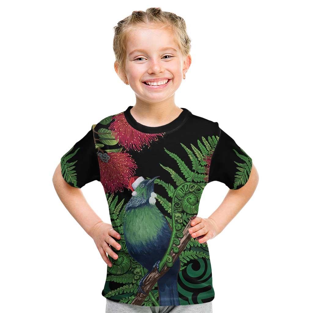New Zealand Tui Bird Christmas Kid T Shirt Maori Fern Mix Pohotukawa LT14 Black - Polynesian Pride
