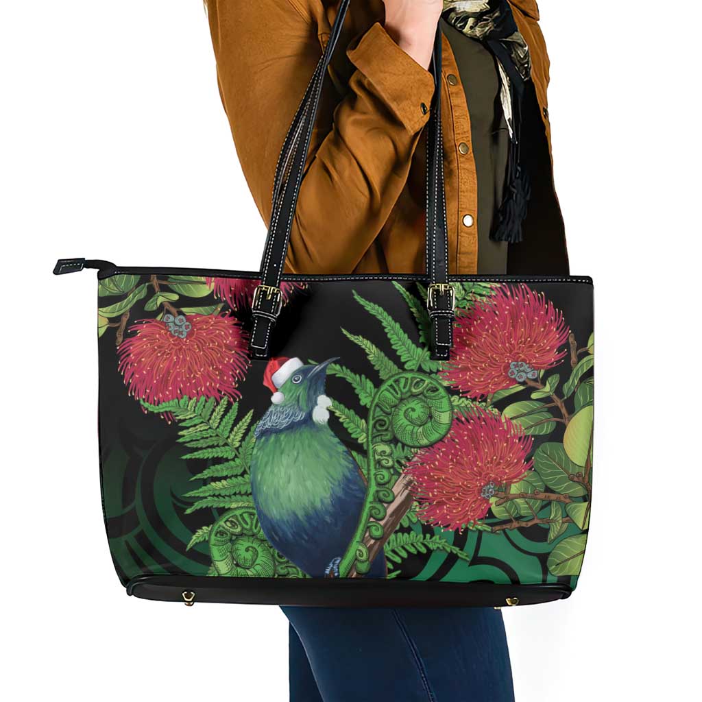 New Zealand Tui Bird Christmas Leather Tote Bag Maori Fern Mix Pohotukawa LT14 - Polynesian Pride