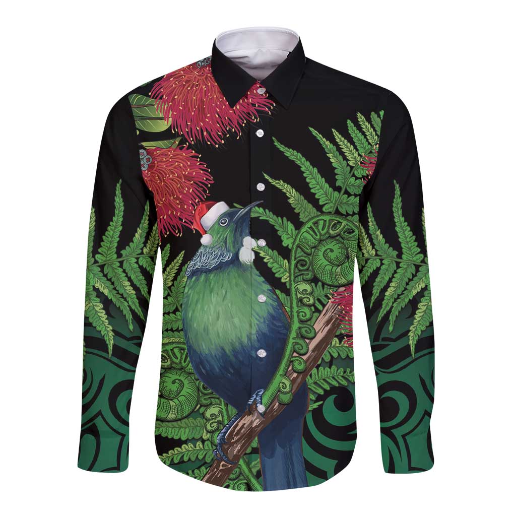 New Zealand Tui Bird Christmas Long Sleeve Button Shirt Maori Fern Mix Pohotukawa LT14 Unisex Black - Polynesian Pride