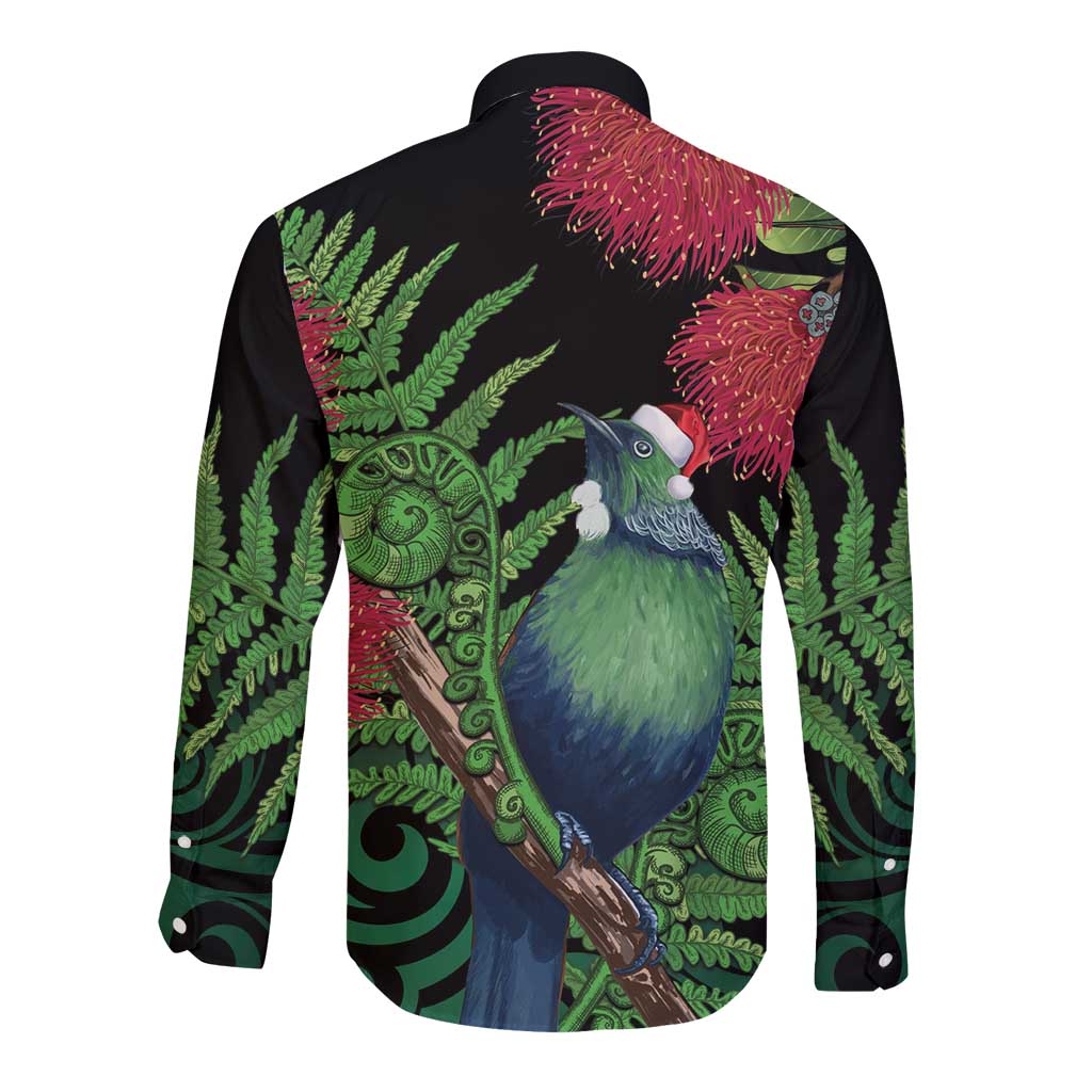 New Zealand Tui Bird Christmas Long Sleeve Button Shirt Maori Fern Mix Pohotukawa LT14 - Polynesian Pride