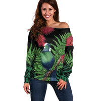 New Zealand Tui Bird Christmas Off Shoulder Sweater Maori Fern Mix Pohotukawa LT14 Women Black - Polynesian Pride