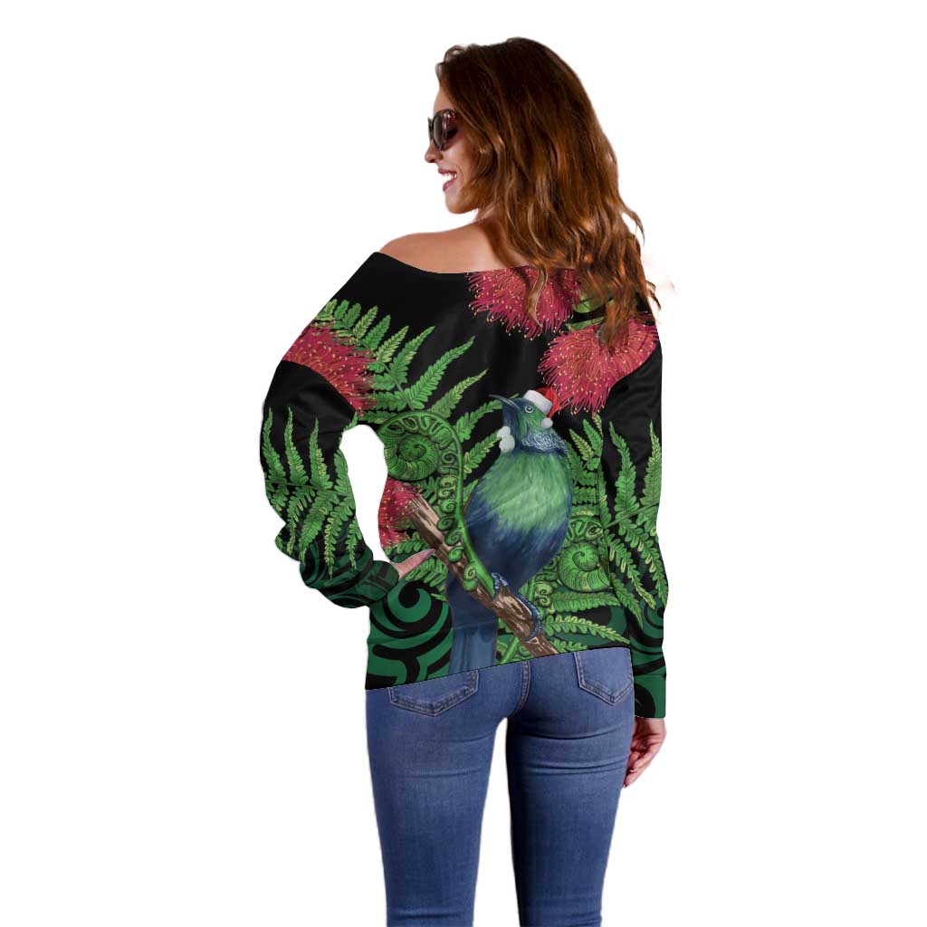 New Zealand Tui Bird Christmas Off Shoulder Sweater Maori Fern Mix Pohotukawa LT14 - Polynesian Pride