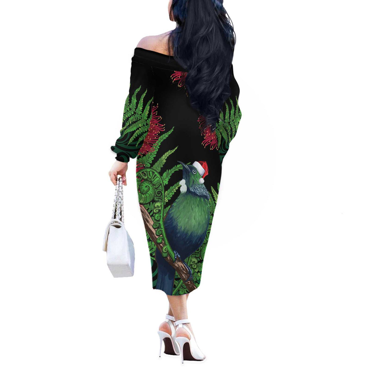 New Zealand Tui Bird Christmas Off The Shoulder Long Sleeve Dress Maori Fern Mix Pohotukawa LT14 - Polynesian Pride