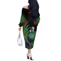 New Zealand Tui Bird Christmas Off The Shoulder Long Sleeve Dress Maori Fern Mix Pohotukawa LT14 - Polynesian Pride