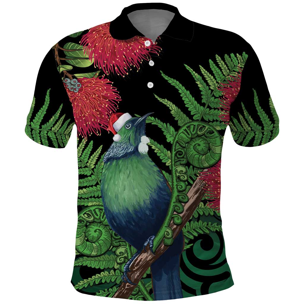 New Zealand Tui Bird Christmas Polo Shirt Maori Fern Mix Pohotukawa LT14 Black - Polynesian Pride