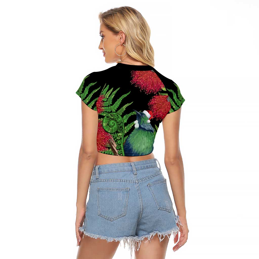 New Zealand Tui Bird Christmas Raglan Cropped T Shirt Maori Fern Mix Pohotukawa LT14 - Polynesian Pride