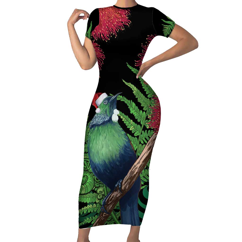 New Zealand Tui Bird Christmas Short Sleeve Bodycon Dress Maori Fern Mix Pohotukawa LT14 Long Dress Black - Polynesian Pride