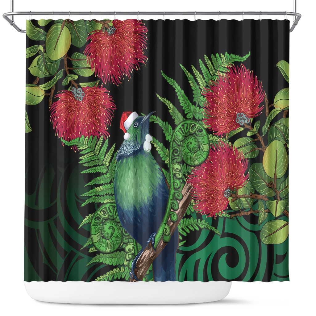 New Zealand Tui Bird Christmas Shower Curtain Maori Fern Mix Pohotukawa LT14 Black - Polynesian Pride