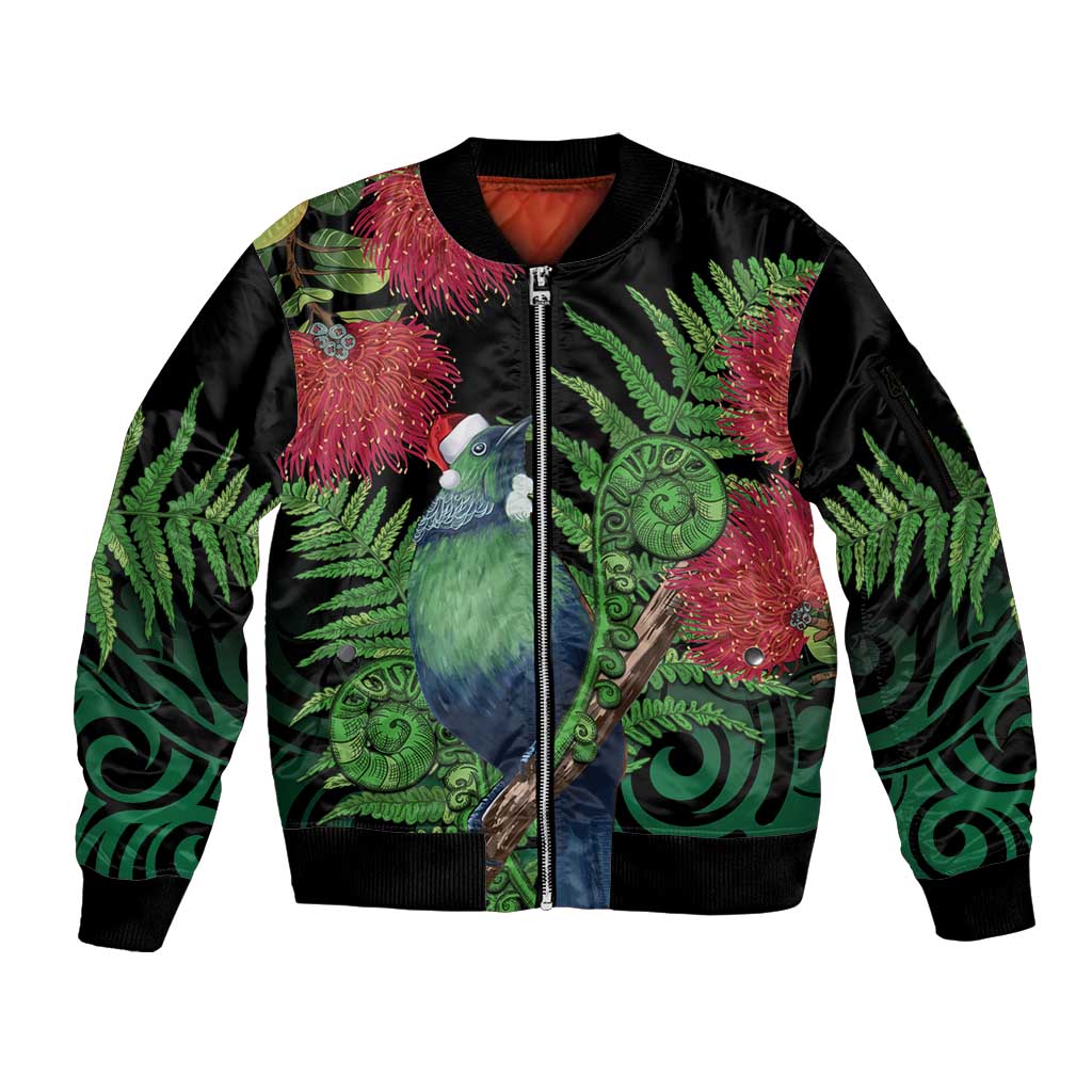 New Zealand Tui Bird Christmas Sleeve Zip Bomber Jacket Maori Fern Mix Pohotukawa LT14 Unisex Black - Polynesian Pride