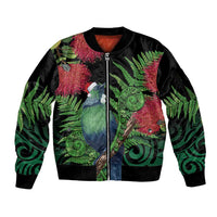 New Zealand Tui Bird Christmas Sleeve Zip Bomber Jacket Maori Fern Mix Pohotukawa LT14 Unisex Black - Polynesian Pride