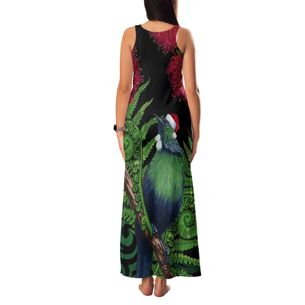 New Zealand Tui Bird Christmas Tank Maxi Dress Maori Fern Mix Pohotukawa LT14 - Polynesian Pride