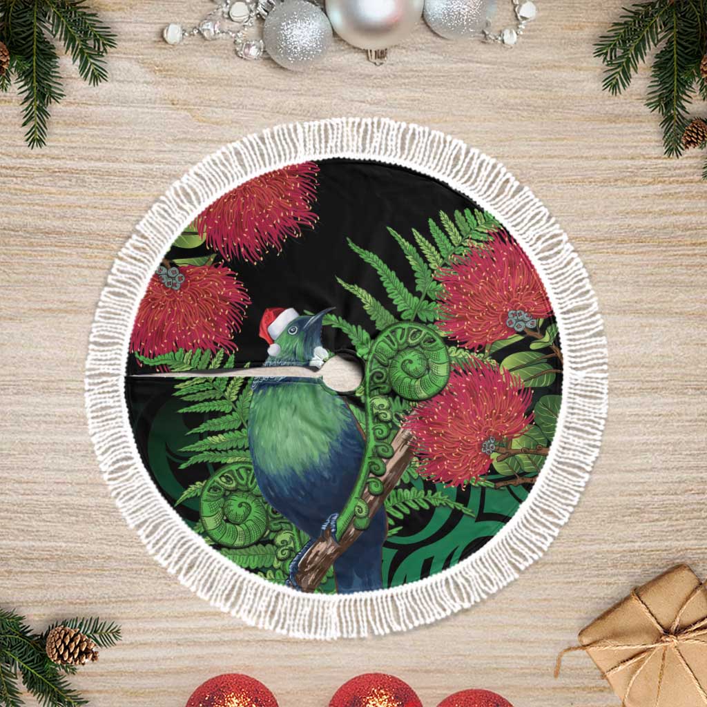 New Zealand Tui Bird Christmas Tree Skirt Maori Fern Mix Pohotukawa LT14 Fringed Black - Polynesian Pride