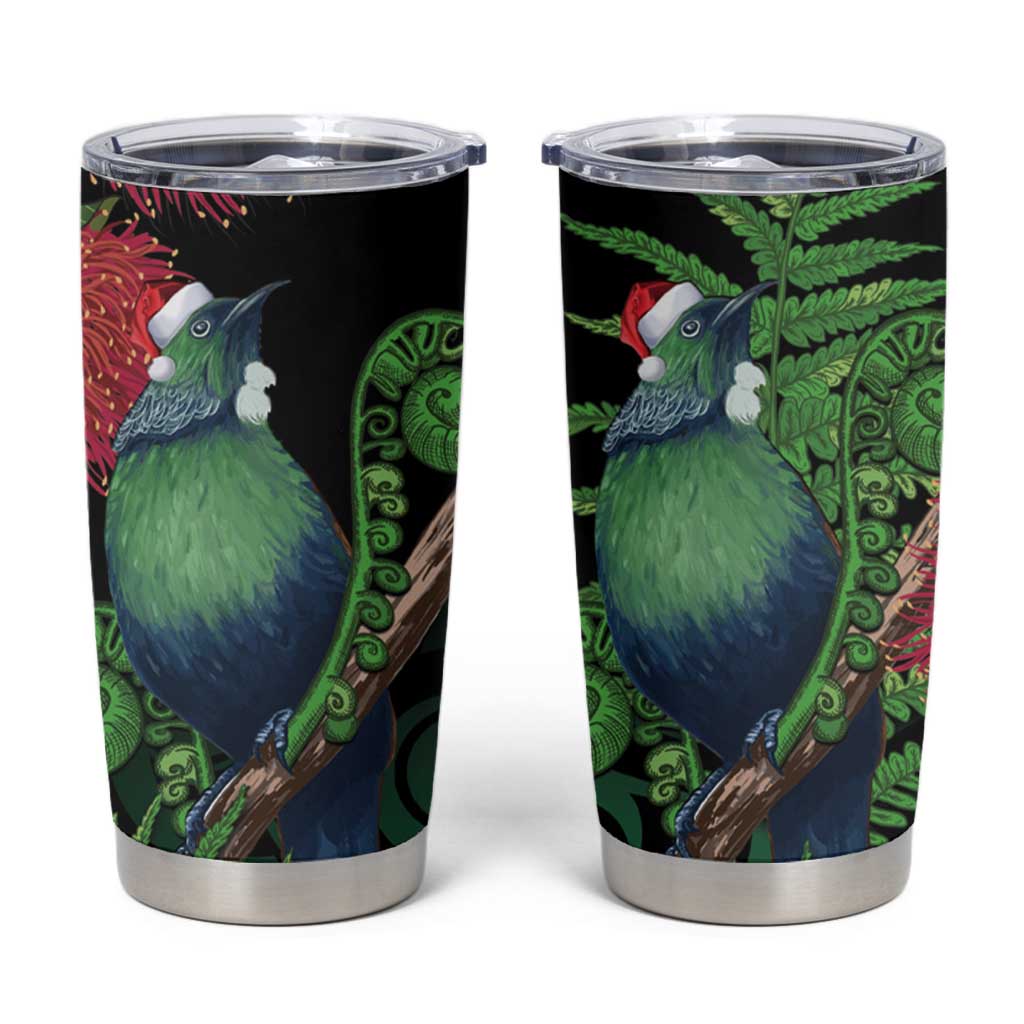 New Zealand Tui Bird Christmas Tumbler Cup Maori Fern Mix Pohotukawa LT14 Black - Polynesian Pride