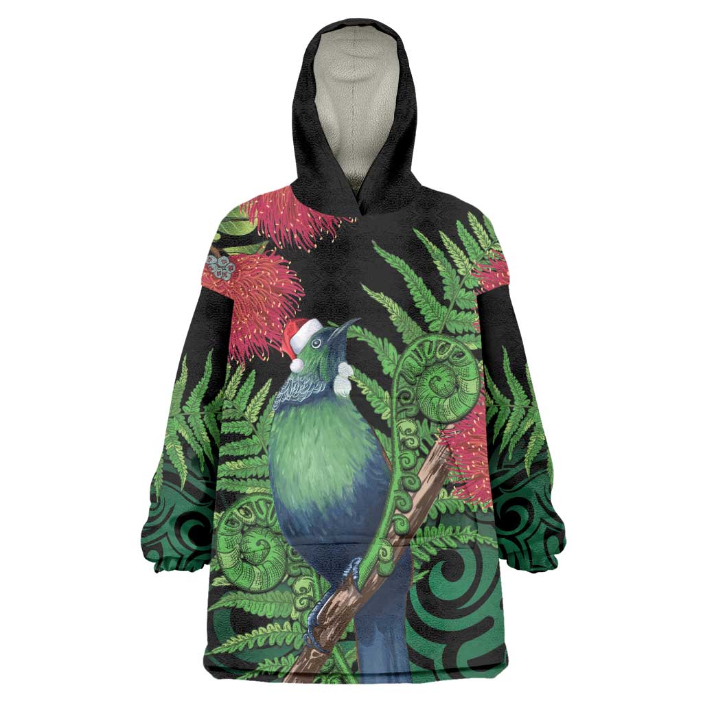 New Zealand Tui Bird Christmas Wearable Blanket Hoodie Maori Fern Mix Pohotukawa LT14 One Size Black - Polynesian Pride