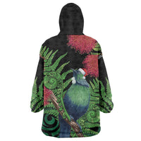 New Zealand Tui Bird Christmas Wearable Blanket Hoodie Maori Fern Mix Pohotukawa LT14 - Polynesian Pride