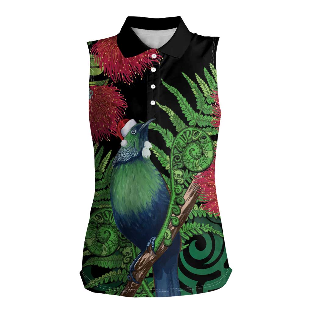 New Zealand Tui Bird Christmas Women Sleeveless Polo Shirt Maori Fern Mix Pohotukawa LT14 Female Black - Polynesian Pride