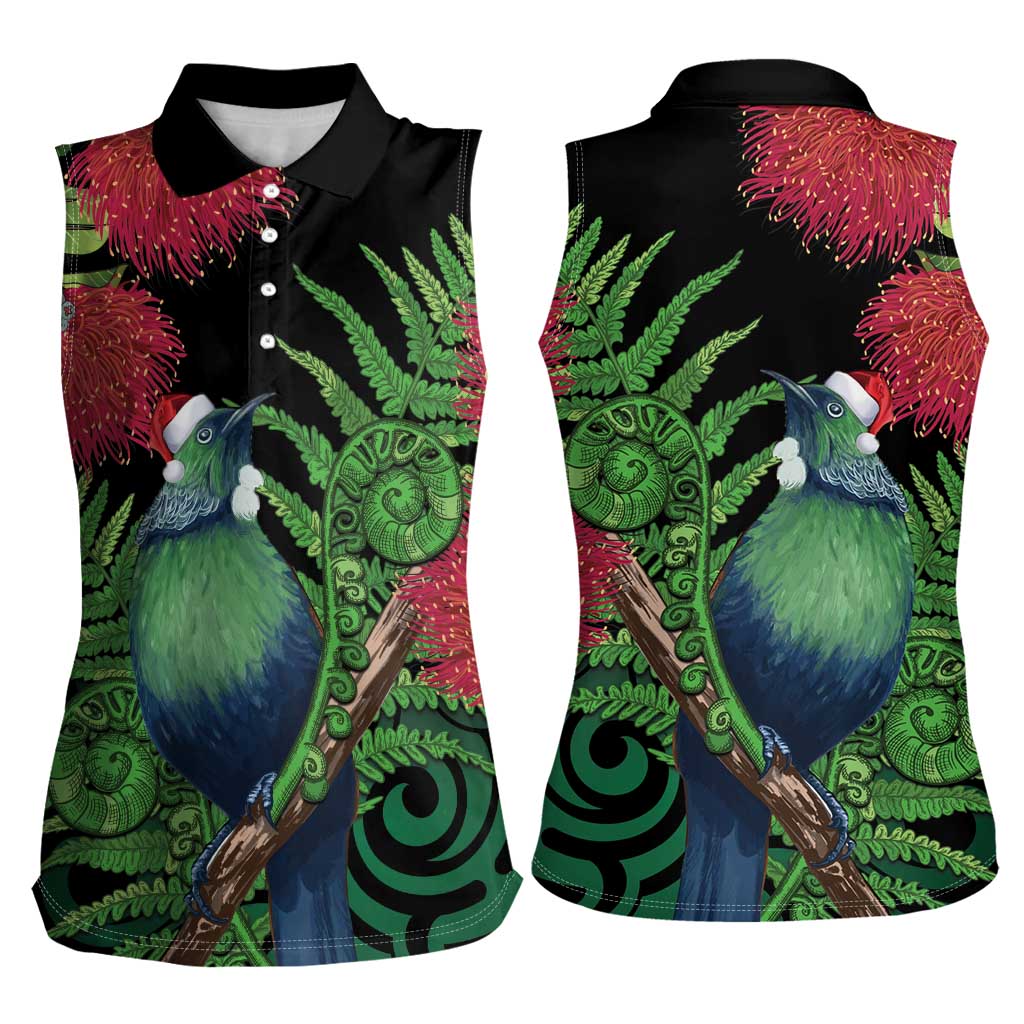 New Zealand Tui Bird Christmas Women Sleeveless Polo Shirt Maori Fern Mix Pohotukawa LT14 - Polynesian Pride