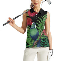 New Zealand Tui Bird Christmas Women Sleeveless Polo Shirt Maori Fern Mix Pohotukawa LT14 - Polynesian Pride