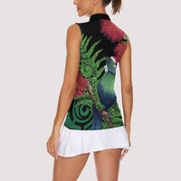 New Zealand Tui Bird Christmas Women Sleeveless Polo Shirt Maori Fern Mix Pohotukawa LT14 - Polynesian Pride