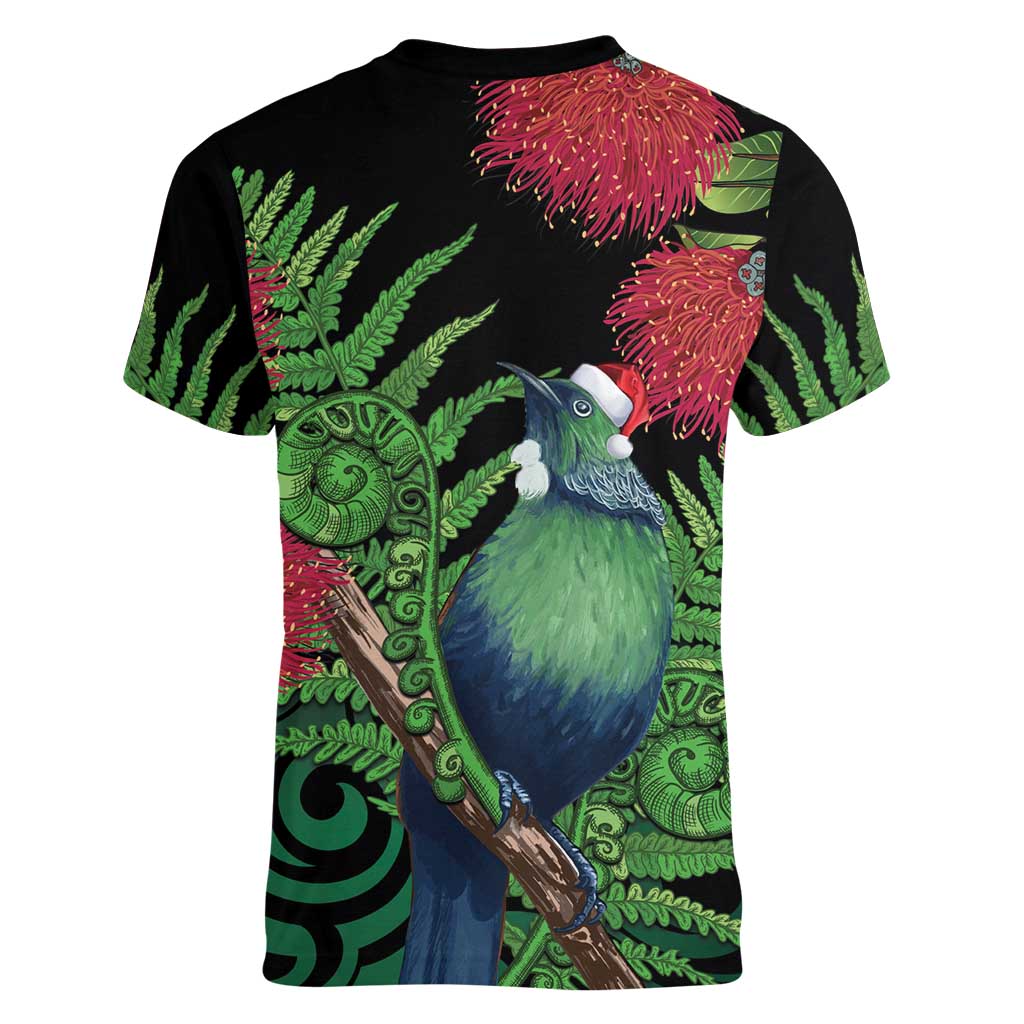 New Zealand Tui Bird Christmas Women V-Neck T-Shirt Maori Fern Mix Pohotukawa LT14 - Polynesian Pride