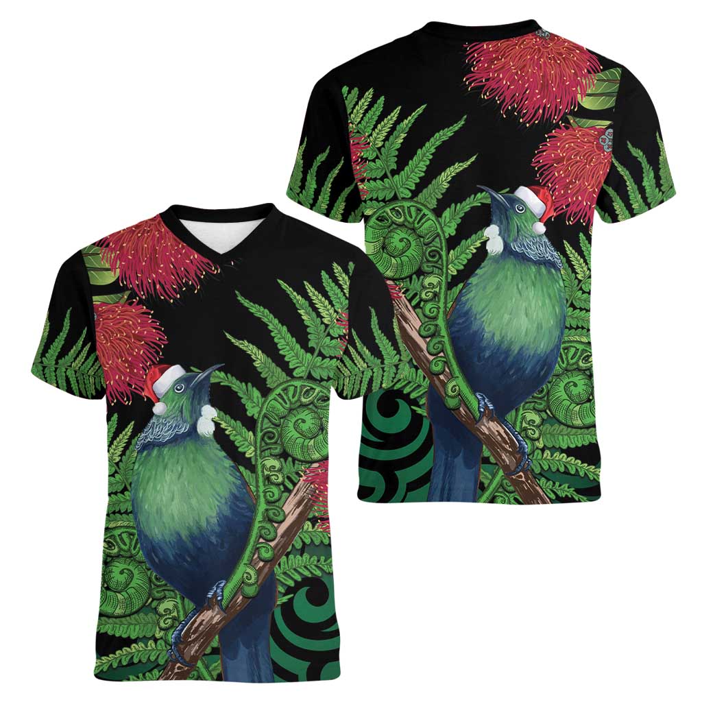 New Zealand Tui Bird Christmas Women V-Neck T-Shirt Maori Fern Mix Pohotukawa LT14 - Polynesian Pride