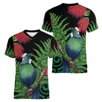 New Zealand Tui Bird Christmas Women V-Neck T-Shirt Maori Fern Mix Pohotukawa LT14 - Polynesian Pride