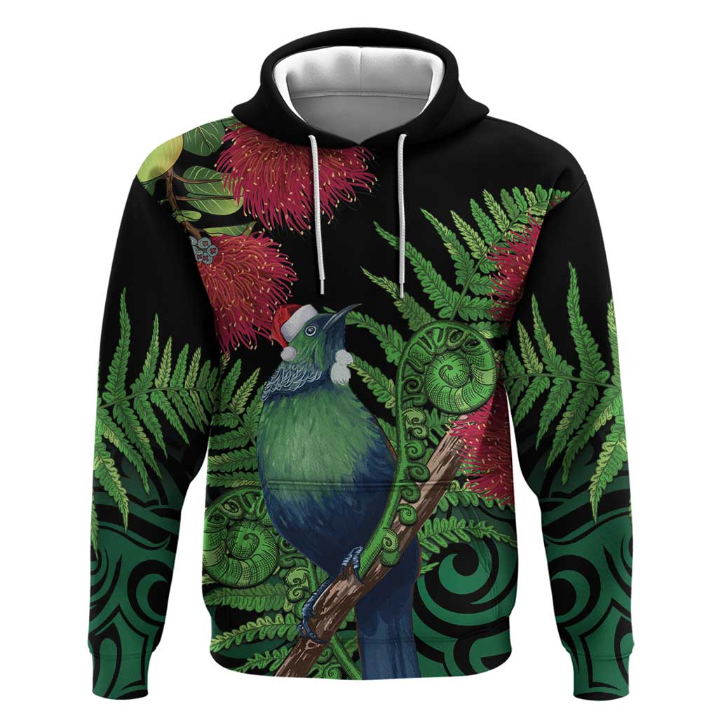 New Zealand Tui Bird Christmas Zip Hoodie Maori Fern Mix Pohotukawa LT14 Pullover Hoodie Black - Polynesian Pride