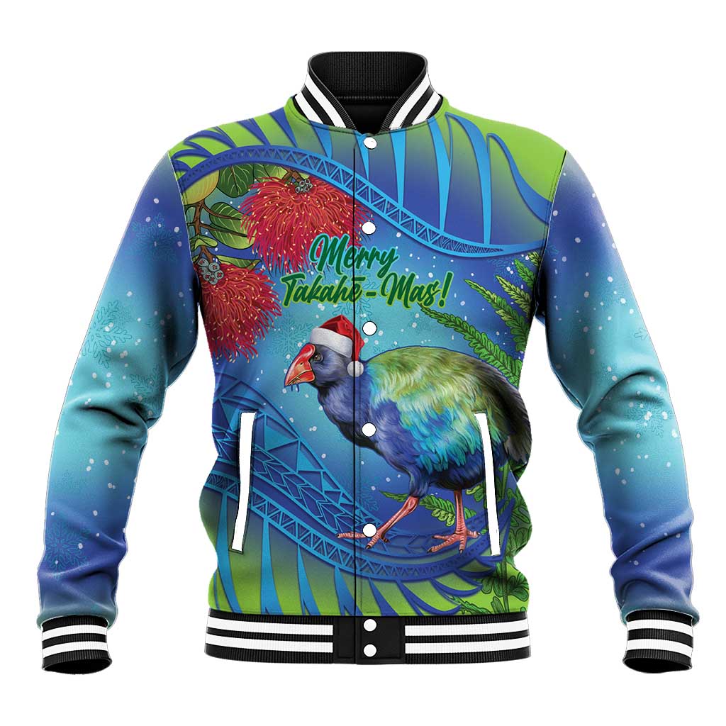 New Zealand Takahe Christmas Baseball Jacket Maori Fern Mix Pohotukawa LT14 Unisex Blue - Polynesian Pride