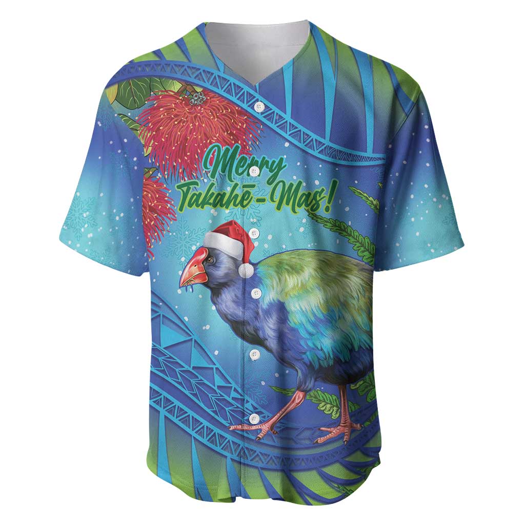 New Zealand Takahe Christmas Baseball Jersey Maori Fern Mix Pohotukawa LT14 Blue - Polynesian Pride
