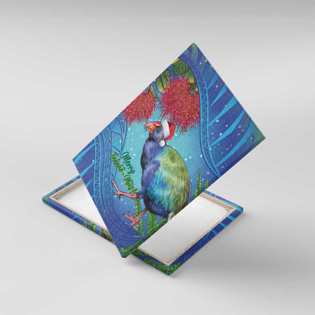 New Zealand Takahe Christmas Canvas Wall Art Maori Fern Mix Pohotukawa LT14 With Frame Blue - Polynesian Pride