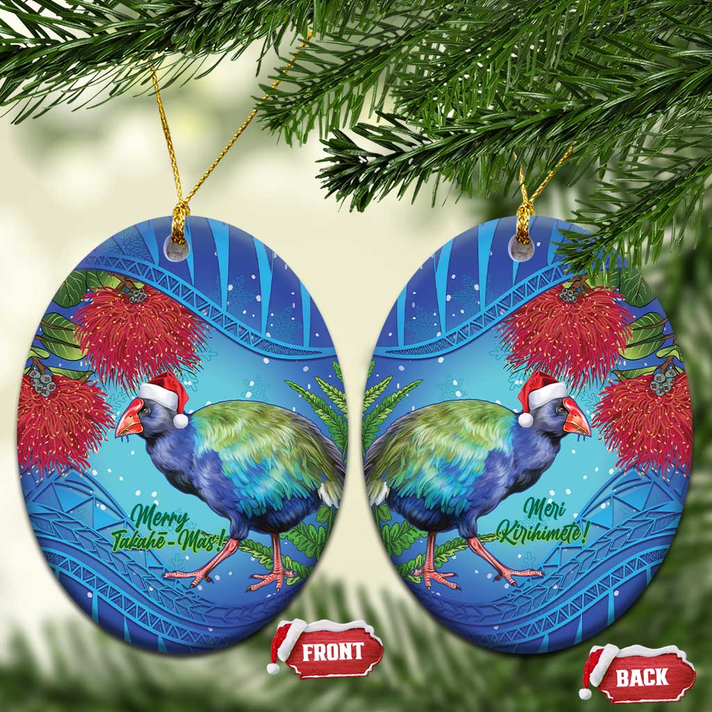 New Zealand Takahe Christmas Ceramic Ornament Maori Fern Mix Pohotukawa LT14 Oval Blue - Polynesian Pride