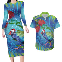 New Zealand Takahe Christmas Couples Matching Long Sleeve Bodycon Dress and Hawaiian Shirt Maori Fern Mix Pohotukawa LT14 Blue - Polynesian Pride