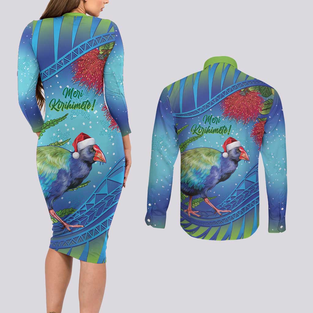 New Zealand Takahe Christmas Couples Matching Long Sleeve Bodycon Dress and Long Sleeve Button Shirt Maori Fern Mix Pohotukawa LT14 - Polynesian Pride