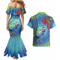 New Zealand Takahe Christmas Couples Matching Mermaid Dress and Hawaiian Shirt Maori Fern Mix Pohotukawa LT14 - Polynesian Pride