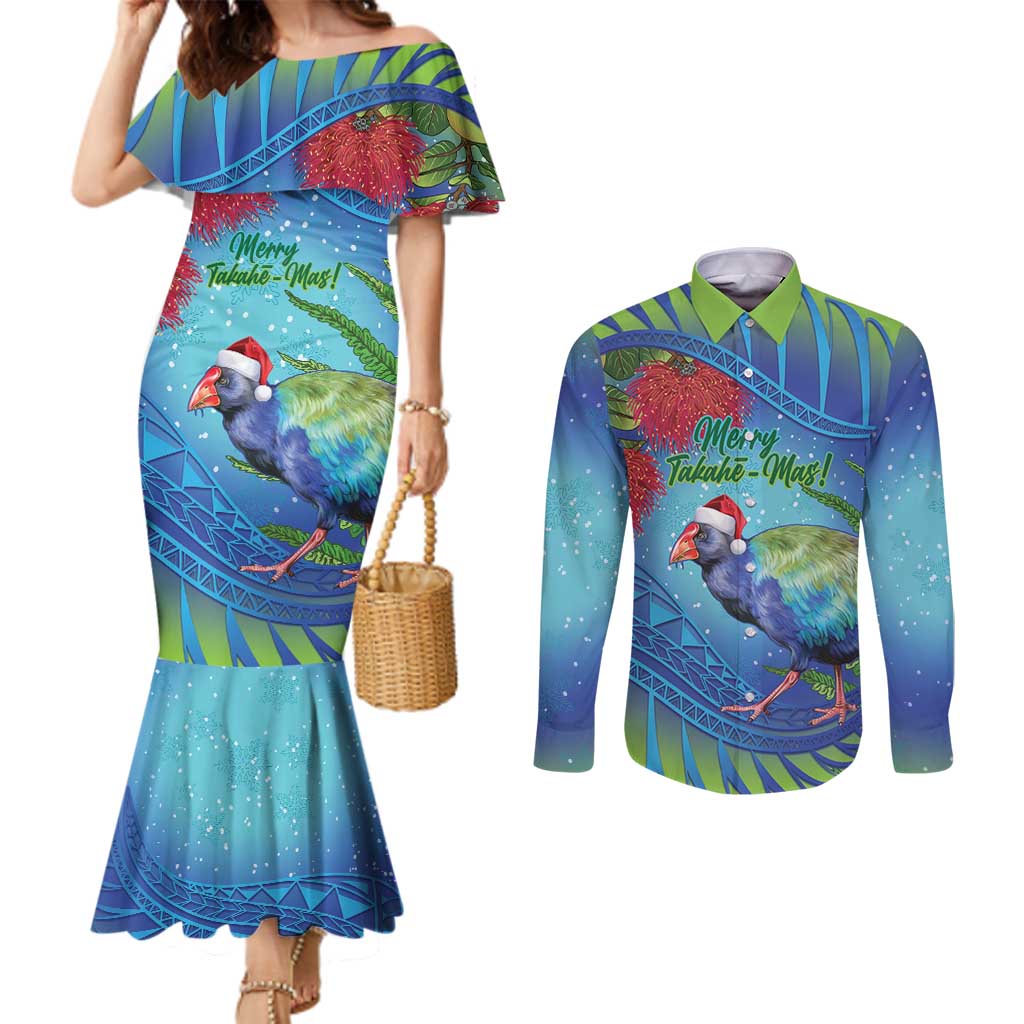 New Zealand Takahe Christmas Couples Matching Mermaid Dress and Long Sleeve Button Shirt Maori Fern Mix Pohotukawa LT14 Blue - Polynesian Pride