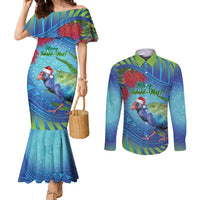 New Zealand Takahe Christmas Couples Matching Mermaid Dress and Long Sleeve Button Shirt Maori Fern Mix Pohotukawa LT14 Blue - Polynesian Pride