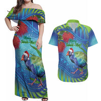 New Zealand Takahe Christmas Couples Matching Off Shoulder Maxi Dress and Hawaiian Shirt Maori Fern Mix Pohotukawa LT14 Blue - Polynesian Pride
