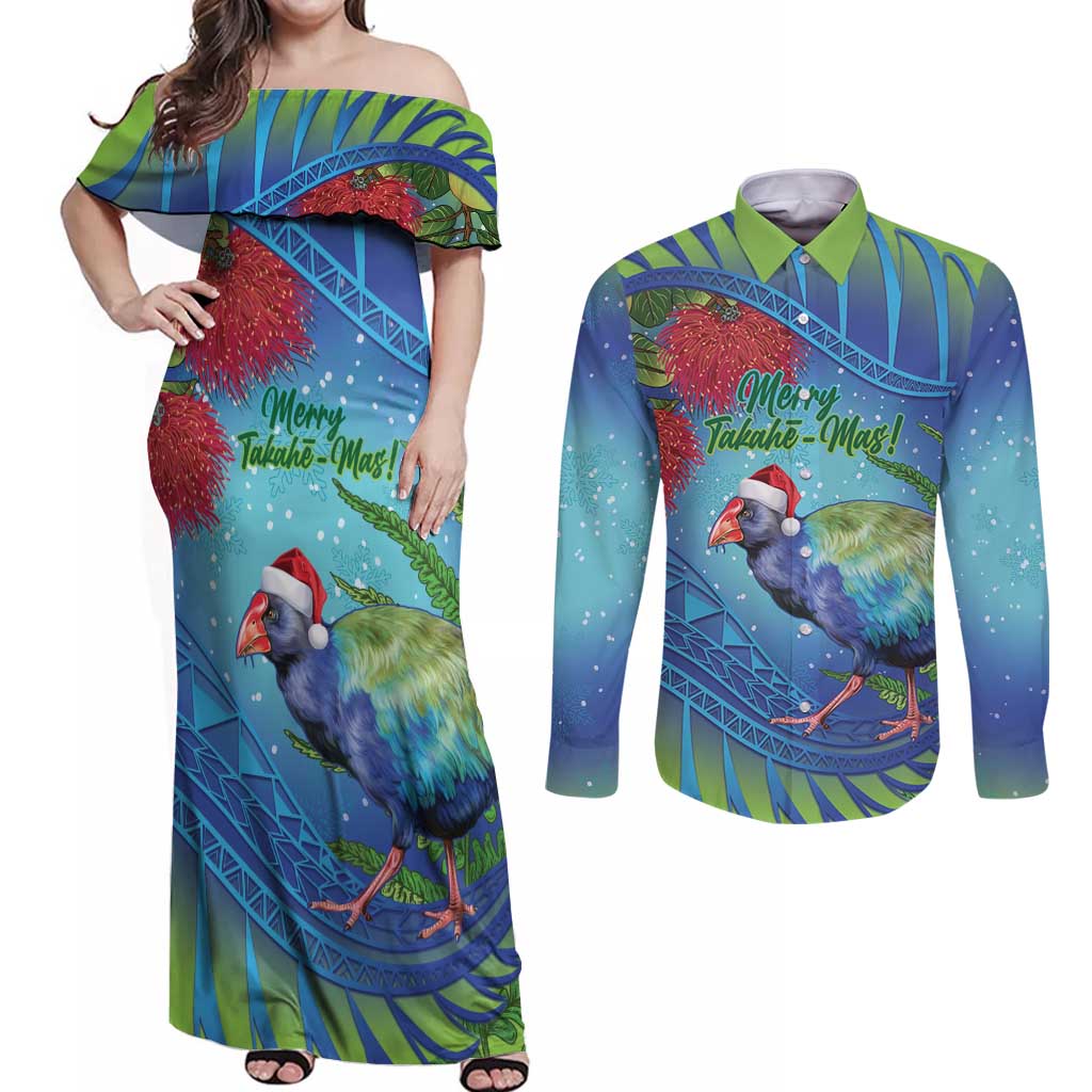 New Zealand Takahe Christmas Couples Matching Off Shoulder Maxi Dress and Long Sleeve Button Shirt Maori Fern Mix Pohotukawa LT14 Blue - Polynesian Pride