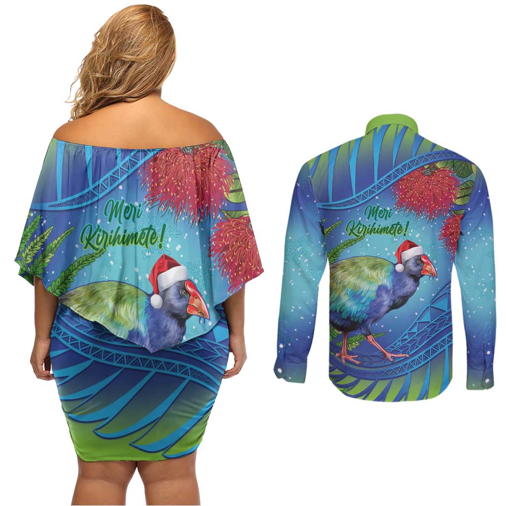 New Zealand Takahe Christmas Couples Matching Off Shoulder Short Dress and Long Sleeve Button Shirt Maori Fern Mix Pohotukawa LT14 - Polynesian Pride