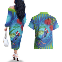 New Zealand Takahe Christmas Couples Matching Off The Shoulder Long Sleeve Dress and Hawaiian Shirt Maori Fern Mix Pohotukawa LT14 - Polynesian Pride