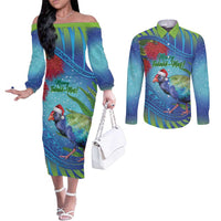 New Zealand Takahe Christmas Couples Matching Off The Shoulder Long Sleeve Dress and Long Sleeve Button Shirt Maori Fern Mix Pohotukawa LT14 Blue - Polynesian Pride